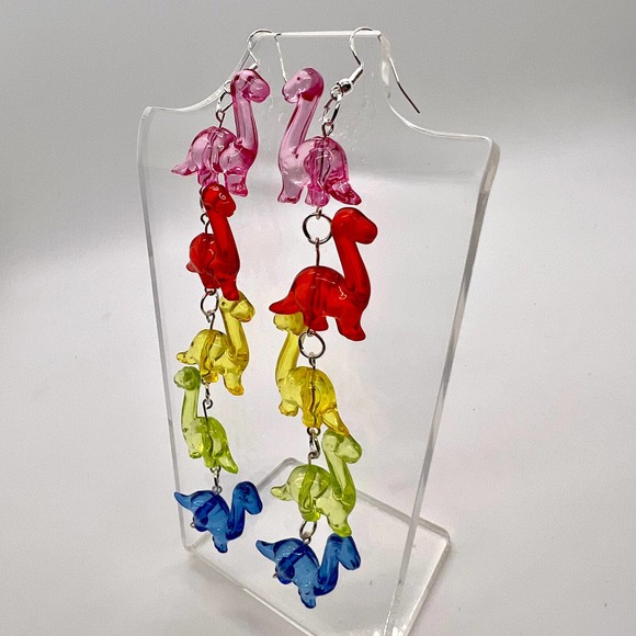 Dinosaur Chain Earrings - Toy Earrings - Rainbow Earrings - Long Earrings - Picture 7 of 11